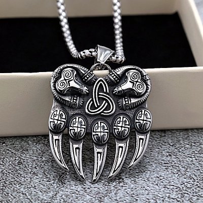 Retro 304 Stainless Steel Viking Bear Paw Pendant Necklaces FS-WGBA6D4-01-1