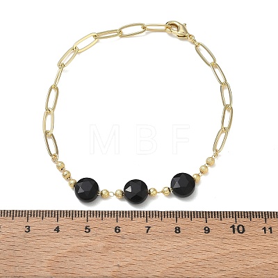 Natural Black Onyx(Dyed & Heated) Faceted Flat Round Beaded Brass Paperclip Chain Bracelets GG-CBA37F5-02G-12-1