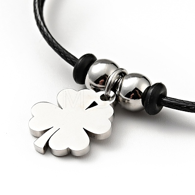 304 Stainless Steel Clover Charm Bracelet with Waxed Cord for Women BJEW-A125-28-1