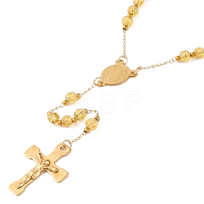 Ion Plating(IP) Crucifix Cross 304 Stainless Steel Rosary Bead Necklaces NJEW-M075-03G-06-1