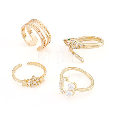 Cheriswelry 4Pcs 4 Style Snake & Smiling Face & Star Brass Cuff Rings for Her RJEW-CW0001-01-1