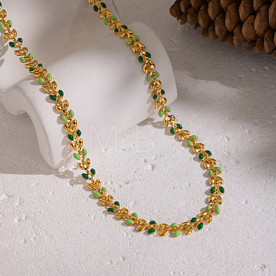 304 Stainless Steel Enamel Green Leaf Link Chain Necklaces for Women OR8327-1