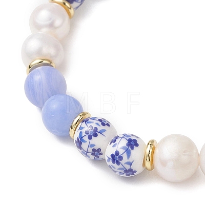 Natural Blue Lace Agate & Cultured Freshwater Pearl & Handmade Porcelain Ceramic Beads Stretch Bracelets for Women BJEW-JB13085-1