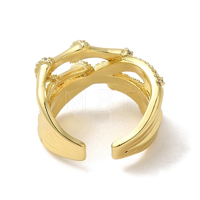 Brass Cubic Zirconia Bamboo Open Cuff Ring X-RJEW-Z019-01G-1