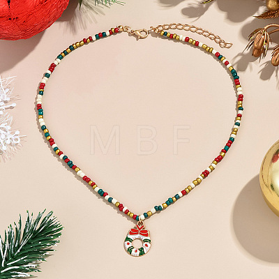 Christmas Alloy Enamel Pendant Colorful Glass Seed Beaded Necklaces FS-WG695D6-02-1