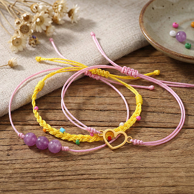 3Pcs 3 Styles Natural Amethyst & Glass Round Beads Braided Bead Bracelets & Stainless Steel Heart Link Bracelets LB7339-2-1
