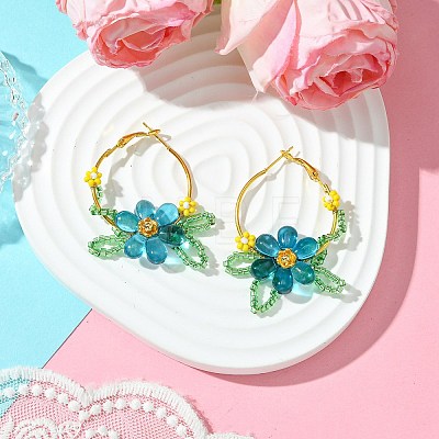 Woven Glass Flower Huggie Hoop Earring EJEW-MZ00235-01-1