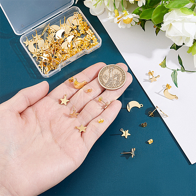60Pcs 2 Styles Star & Moon 304 Stainless Steel Stud Earring Findings EJEW-PH0001-62-1