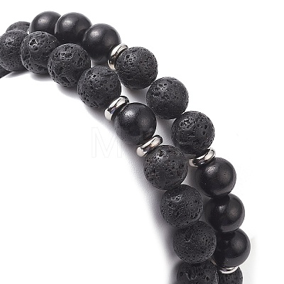 2Pcs 2 Style Natural Rosewood & Lava Rock Round Beaded Stretch Bracelets Set for Women BJEW-JB09381-03-1