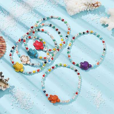 Synthetic Turquoise Sea Turtle & Glass Beaded Stretch Bracelets BJEW-JB09892-1