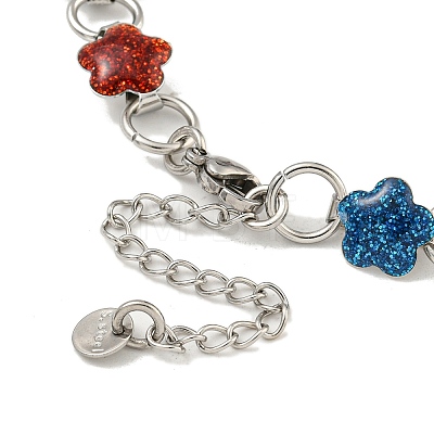 304 Stainless Steel Enamel Flower Link Chain Bracelets with Glitter Powder BJEW-S153-05P-03-1