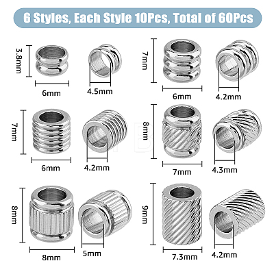 SUPERFINDINGS 60Pcs 6 Style 201 Stainless Steel European Beads STAS-FH0002-06-1
