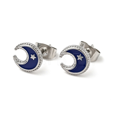 Enamel Crescent Moon with Star Stud Earrings with 316 Surgical Stainless Steel Pins EJEW-A081-09P-1