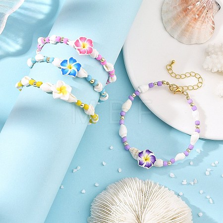 Polymer Clay Flower & Glass & Natural Trumpet Shell Beaded Bracelets for Women BJEW-JB14391-1