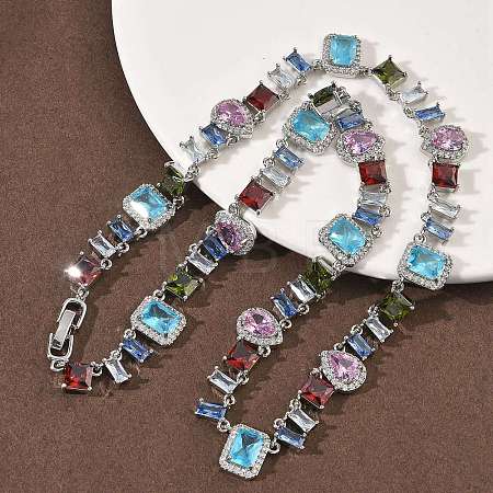 Brass Pave Colorful Cubic Zirconia Rectangle Square Teardrop Tennis Necklaces NJEW-G183-09P-1