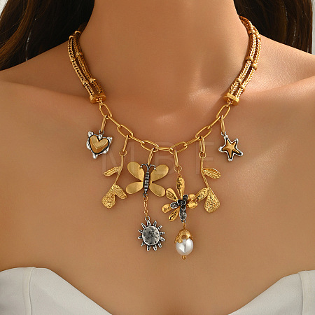 Alloy & Imitation Pearl Sun Butterfly Flower Pendant Bib Necklaces for Women WGA5C74-01-1