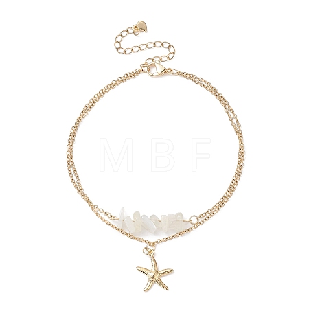 Natural White Moonstone Chips Beaded & Starfish Charms Double Layer Multi-strand Bracelet AJEW-AN00511-01-1