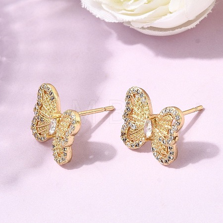 Butterfly Brass Micro Pave Clear Cubic Zirconia Stud Earrings EJEW-H180-19G-1