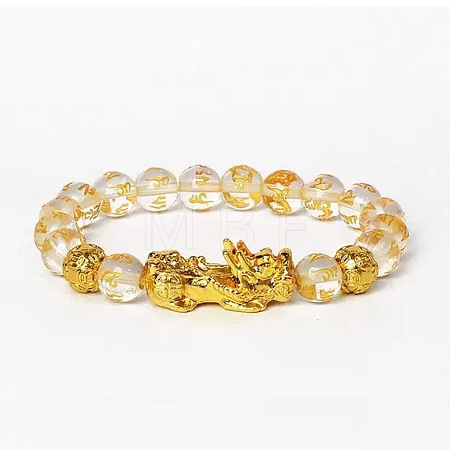 Golden Plated Alloy Pi Xiu 8MM Natural Quartz Crystal Six Word Mantra Round Beaded Stretch Bracelet for Men QJ0349-3-1