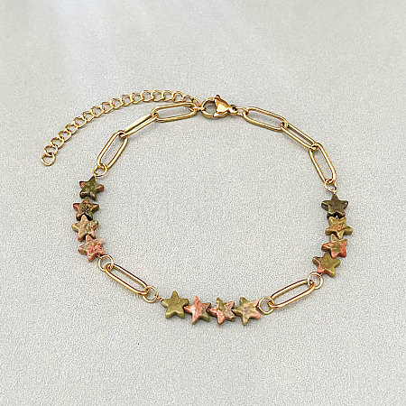 Natural Unakite Star Beaded Bracelets with 304 Stainless Steel Paperclip Chains WGC91F5-04-1