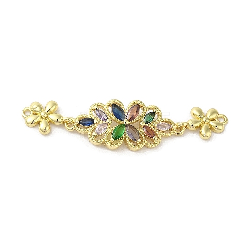 Rack Plating Brass Pave Colorful Cubic Zirconia Flower Connector Charms KK-C052-37C-G-1