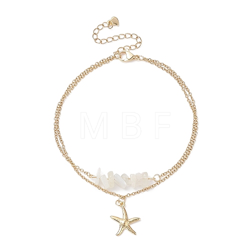 Natural White Moonstone Chips Beaded & Starfish Charms Double Layer Multi-strand Bracelet AJEW-AN00511-01-1