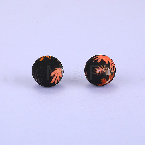 Printed Round with Flower Pattern Silicone Focal Beads SI-JX0056A-173-1