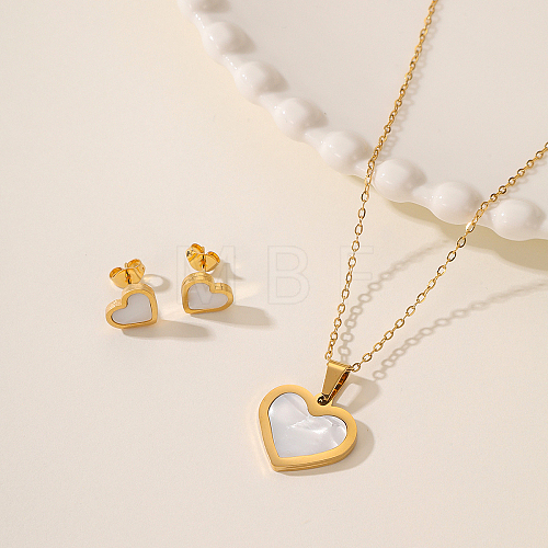 Sweet and Simple Stainless Steel Shell Heart Pendant Necklace & Stud Earrings Set for Couples TZ9460-1-1