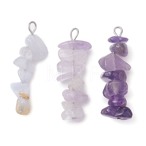 Gradient Color Natural Amethyst & Natural Blue Lace Agate Chip Beaded Pendants PALLOY-JF02791-03-1