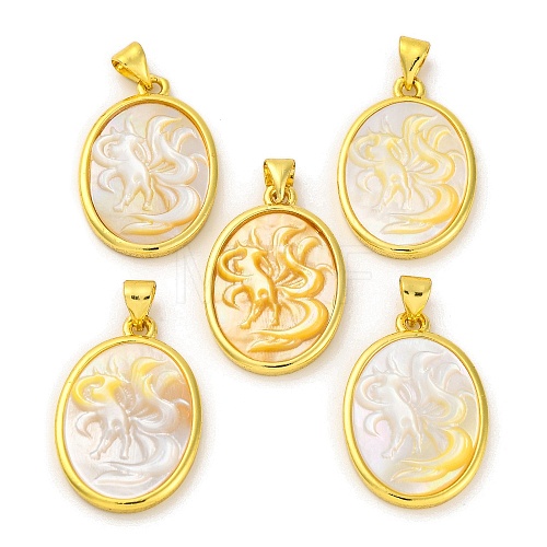 Natural Yellow Shell Carved Nine Tailed Fox Pendants KK-D537-06G-01-1