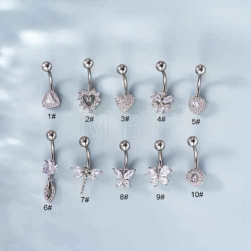 316L Surgical Stainless Steel Clear Cubic Zirconia Curved Barbell Belly Rings WG7644D-06-1