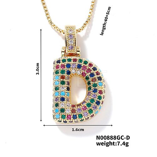 Brass Pave Colorful Cubic Zirconia Letter Pendant Box Chain Necklaces NU0575-4-1