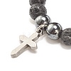 2Pcs 2 Style Natural Lava Rock & Synthetic Hematite Stretch Bracelets Set with 304 Stainless Steel Buddhist Head & Cross BJEW-JB08289-7