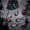 12Pcs 12 Colors Gothic Zinc Alloy & Glass Oval Pendant Black PU Leather Cord Necklaces NJEW-WR0001-08-4