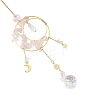 Natural Rose Quartz & Brass Ring Suncatcher with 304 Stainless Steel Sun Moon Star Charm HJEW-JM05009-03-2