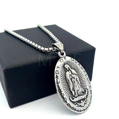 Vintage 304 Stainless Steel Oval with Emboss Virgin Pendant Box Chain Necklaces for Women AV8349-1