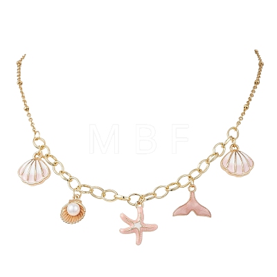 Ocean Alloy Enamel Whale Tail Shell Shape Starfish Pendant Brass Cable Chain and 304 Stainless Steel Satellite Chain Bib Necklaces for Women NJEW-JN05815-02-1