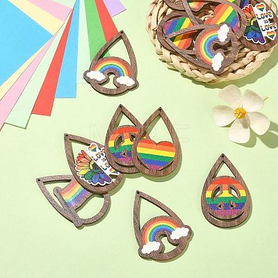 40Pcs 5 Styles Rainbow Printed Aspen Wood Big Pendants WOOD-CJ0001-69-1