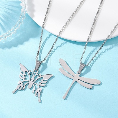 2Pcs 2 Styles 201 Stainless Steel Butterfly & Dragonfly Pendant 304 Stainless Steel Pea Chain Necklaces for Women NJEW-JN05998-1