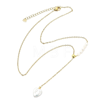 Adjustable Natural Baroque Keshi Pearl Heart Pendant 304 Stainless Steel Cable Chain Y Shaped Lariat Necklaces for Women NJEW-JN06095-1