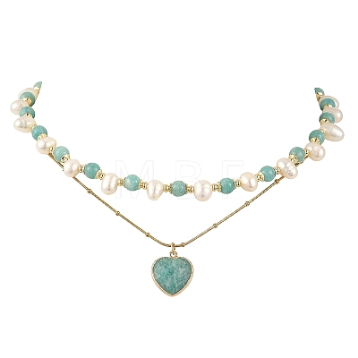 Natural Amazonite Heart Pendant 304 Stainless Steel Satellite Chain Double Layer Necklaces NJEW-JN06692-1
