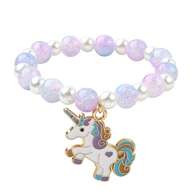 Glass Beaded Stretch Bracelet with Alloy Enamel Unicorn Charm for Kids BJEW-JB09555-1