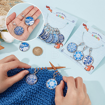 Glass Flat Round with Blue and White Porcelain Pattern Charm Locking Stitch Markers HJEW-PH01782-1