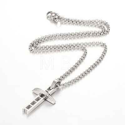 304 Stainless Steel Rolo Chain Cross Pendant Necklaces NJEW-JN01287-1
