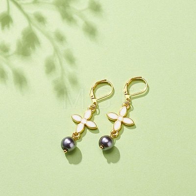 Alloy Enamel Clover with Glass Pearl Long Dangle Leverback Earrings EJEW-JE05053-01-1