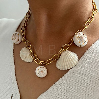 Summer 316L Surgical Stainless Steel & Natual Shell Pendant Necklaces for Women FS-WG2E862-01-1