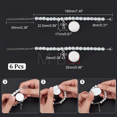 6Pcs 304 Stainless Steel Flat Round Sublimation Blank Tag Charm Bracelets with Glass Pearl Beaded BJEW-CA0001-06-1