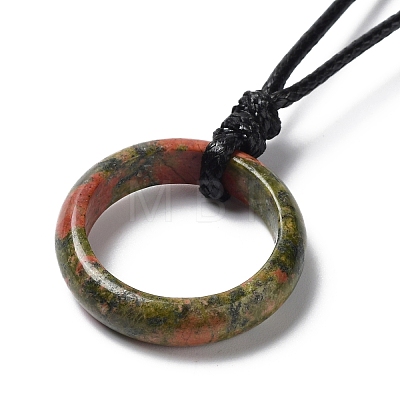 Natural Mixed Stone Ring Pendant Necklace with Waxed Cords NJEW-R262-01A-1