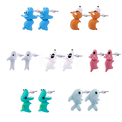 7Pair 7 Style Cute Animal Resin Stud Earrings EJEW-SZ0001-59-1