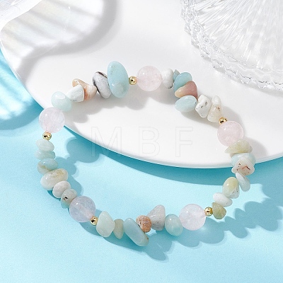 Round Natural Rose Quartz & Flower Amazonite Chips & Brass Beads Stretch Bracelets for Women BJEW-TA00715-1
